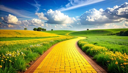 Sunlit path through the verdant hills under a vast and dreamy summer sky landscape