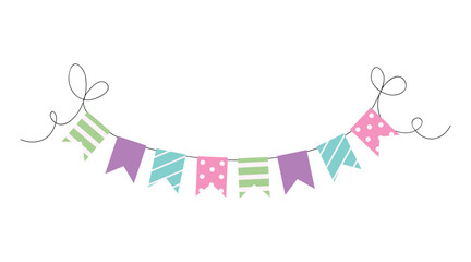 Carnival garland with flags for festive decoration, multicolored with stripes and dots and cute curls