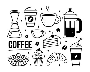 Coffee themed doodle illustration with coffee beverages and desserts depicting a cozy cafe atmosphere for a creative food background