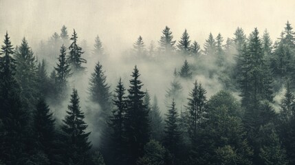 Obraz premium Misty evergreen forest with dense fog
