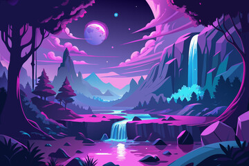 Dreamy alien landscape with waterfalls and a large moon