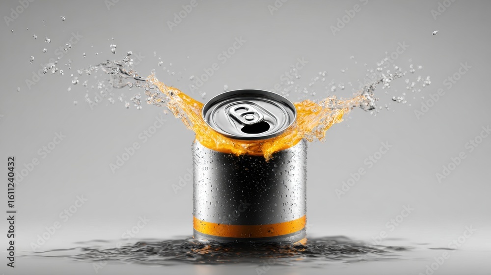 Poster minimalist 3d render showcasing a beer can popping open with a splash in the center against a clean 