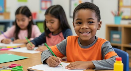Happy elementary student drawing with classmates in school classroom