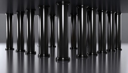 Symmetrical arrangement of black columns creating a reflective and minimalist architectural