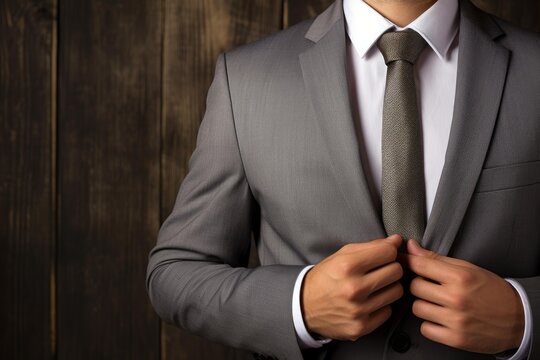 Businessman buttoning grey suit jacket on wooden background - Powered by Adobe