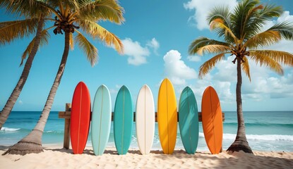 Colorful surfboards lined up against a tropical beach backdrop with palm trees and ocean waves.