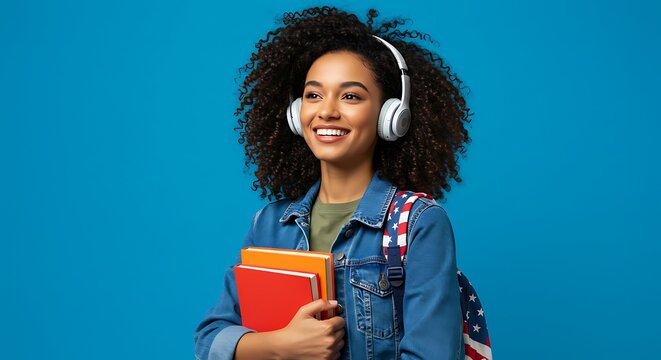 Smiling student with headphones holding books and backpack