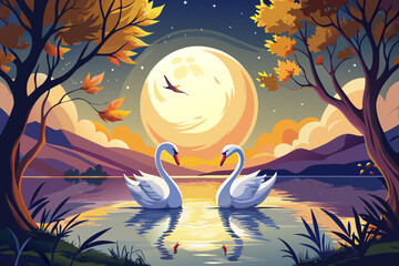 Two swans gaze at the moonlit sky over a serene lake