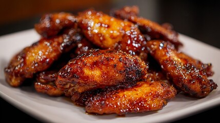 Delicious and Shiny Glazed Chicken Wings on a White Plate Close Up