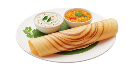 Delicious dosa recipe south indian food with sambar and chutney on a white plate tasty and healthy 100 char on transparent background