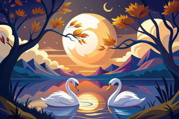 Two swans on a tranquil lake under a full moon and crescent moon