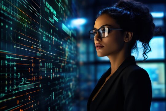 Businesswoman wearing glasses analyzing holographic futuristic user interface in a dark data center