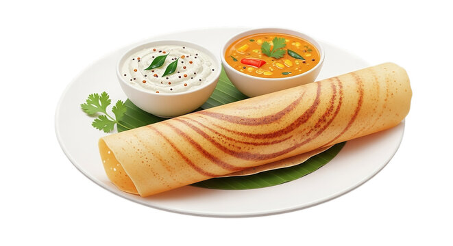 Delicious dosa recipe south indian food with sambar and chutney on a white plate tasty and healthy 100 char on transparent background
