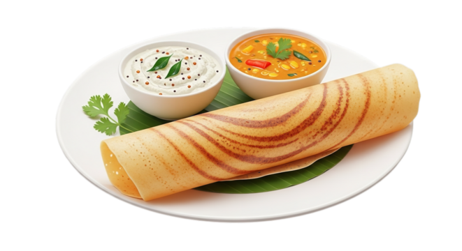 Delicious dosa recipe south indian food with sambar and chutney on a white plate tasty and healthy 100 char on transparent background