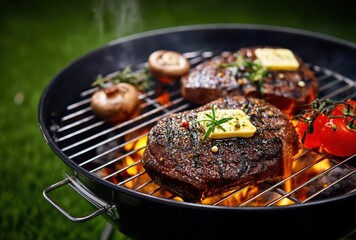 Juicy beef steaks grilling on a barbecue grill with butter, tomatoes, and mushrooms, over a blurred green grass background