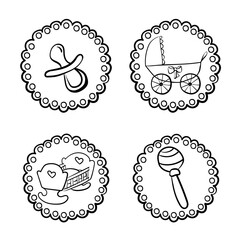 Set of outline stickers on a baby theme, hand drawn coloring page or design element of baby products