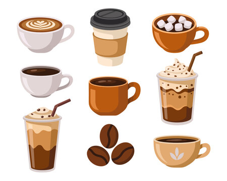 Collection of Coffee Drinks and Coffee Beans Cartoon Style Vector Illustration Ideal for Cafe Menu Design and Promotional Material