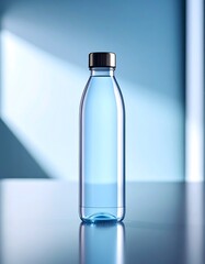 A clear glass bottle filled with refreshing blue liquid, showcasing purity and hydration in a minimalist setting with soft light and shadows