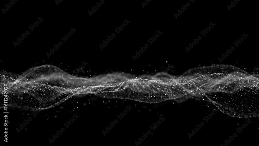 Poster abstract particle wave background futuristic dynamic data flow visualization in black and white. 3d 