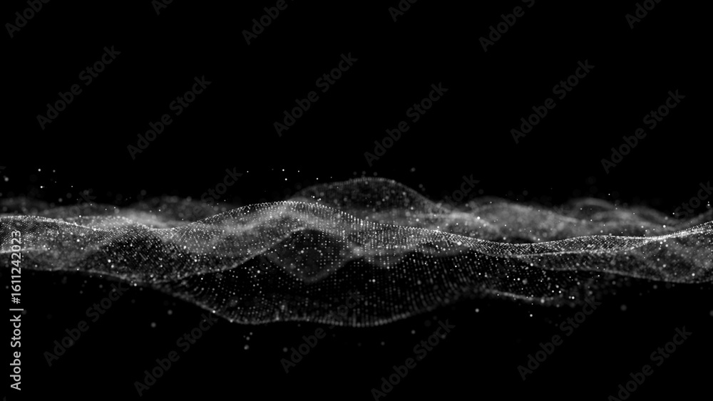 Poster abstract particle wave background futuristic dynamic data flow visualization in black and white. 3d 
