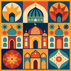 Decorative islamic pattern featuring mosque domes stars and floral elements in retro style with warm palette and symmetrical geometric design