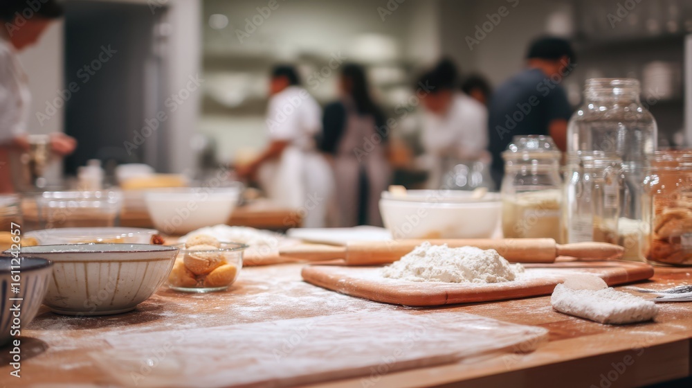 Poster flour dust on counters in a baking class session