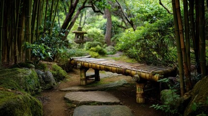 Tranquil Zen Garden with Bamboo Bench and Lush Greenery