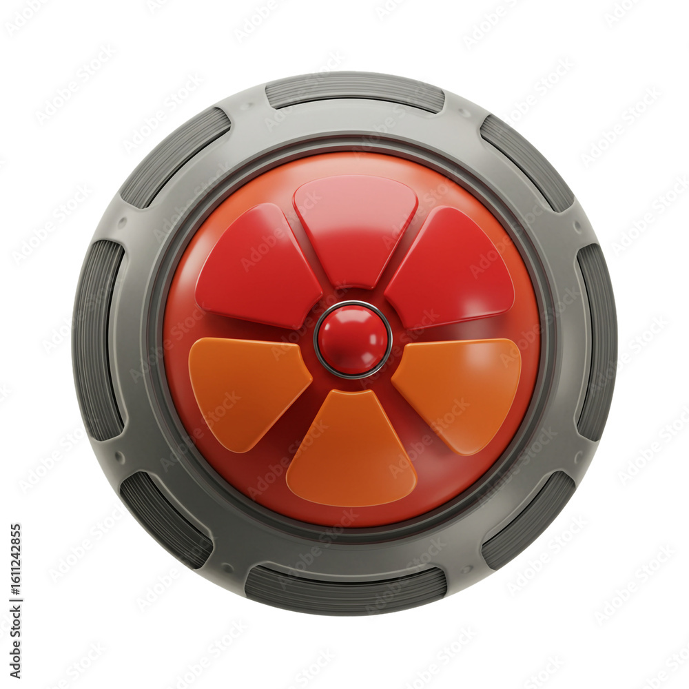 Poster a futuristic circular device featuring a stylized radial design with vibrant red and orange elements