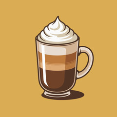 Delicious Latte Coffee in Glass Mug with Cream Topping for Cafeteria Menu Presentation with Neutral Background