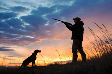 Hunter and Dog Silhouette at Sunset