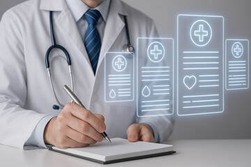 Doctor recording notes while reviewing health reports on virtual digital display showing medical forms and diagnostic icons