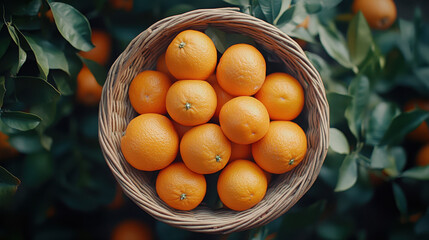 A basket of oranges, top view, on orchard background, natural light, freshness, tranquility.