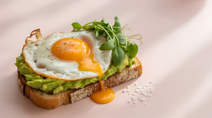 Tasty toasted bread topped with creamy smashed avocado, a perfectly fried egg, leafy greens, and sprinkled sea salt, styled creatively and backlit in a minimalistic setup on a pastel pink background.