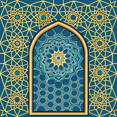 Intricate islamic window design with geometric pattern and mandala interior decoration in teal and gold,decorative arts and ramadan theme