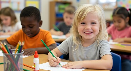 Smiling young girl coloring in classroom with classmates