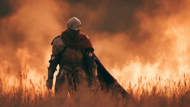 Fierce medieval knight in full armor with red cape stands in fiery field, dramatic smoke-filled background, concept of bravery and war