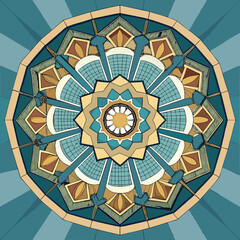 Ornamental islamic art inspired mandala design with geometric shapes in teal and tan colors elaborate symmetric pattern for decorative design