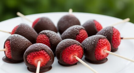Delicious chocolate-covered strawberries artfully arranged on skewers, presented on a white plate with a blurred green background.