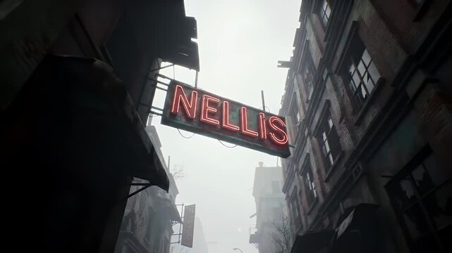 Nellis Red Neon Sign Aged City Building and Abandoned Structure With Sky Background Low Angle Shot in a Urban