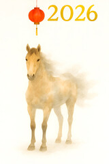 Elegant watercolor horse illustration depicting traditional Chinese New Year 2026 elements like a red lantern and festive ambiance.