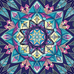 Vibrant floral mandala with abstract feather accents in modern artistic style with geometric elements