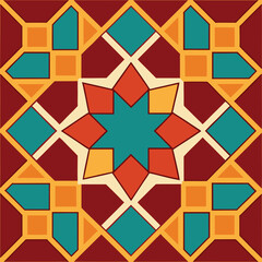 Vibrant geometric pattern with repeating star design in warm and cool tones for textile or digital projects