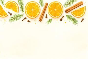 Festive arrangement of orange slices, cinnamon sticks, cloves, green fir branches on white background, evoking warm and traditional holiday or winter ambiance ideal for seasonal decor or invitations.