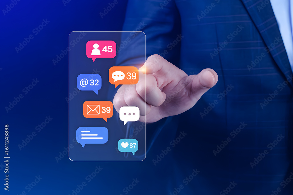 Poster social media notifications interface with touchscreen interaction for real-time digital engagement