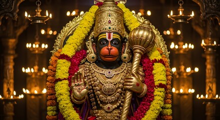An ornate golden idol of hanuman, the revered hindu monkey god, adorned with garlands and holding a mace, radiating divine power in a temple setting with glowing lamps