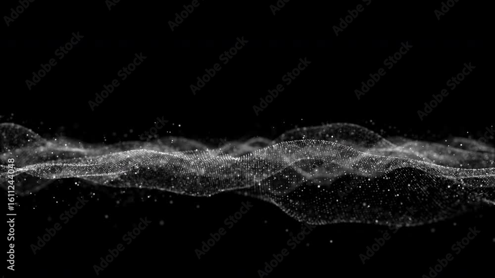 Poster abstract particle wave background futuristic dynamic data flow visualization in black and white. sea