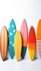 Colorful surfboards lined up against a white background