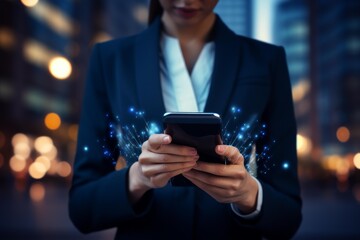 Businesswoman holding smartphone with glowing data connection, representing digital communication and technology in urban environment