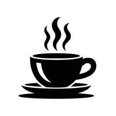 Obraz premium Steaming Coffee Cup: A simple black and white vector illustration of a hot coffee cup on a saucer, emitting steam, perfect for cafe menus or websites.