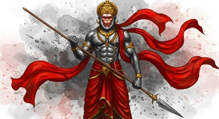 A powerful illustration of hanuman, the hindu monkey god and warrior, depicted with a spear and flowing red fabric against a dynamic artistic background